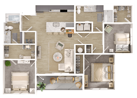 Floor plan for 3 beds, 2 baths, 1265 sqft